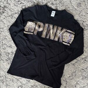 PINK Victoria’s Secret Black Oversized Long Sleeve Shirt with Gold Sequin Logo